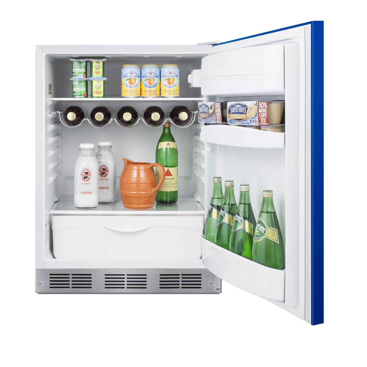 24 in. wide ADA height all-refrigerator for residential use, auto defrost with an cobalt blue door, stainless steel handle, and white cabinet